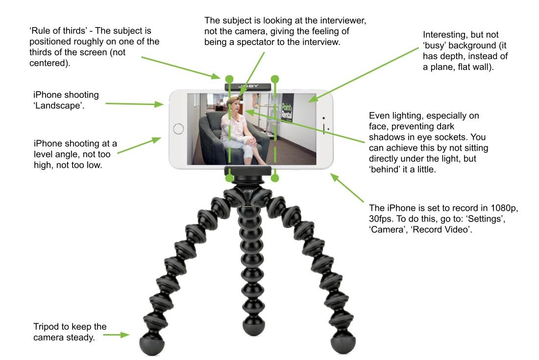 An image with an iphone on a flexible tripod. It explains how to shoot good video using the rule of thirds, using landscape mode, keeping the video level, and having good lighting.