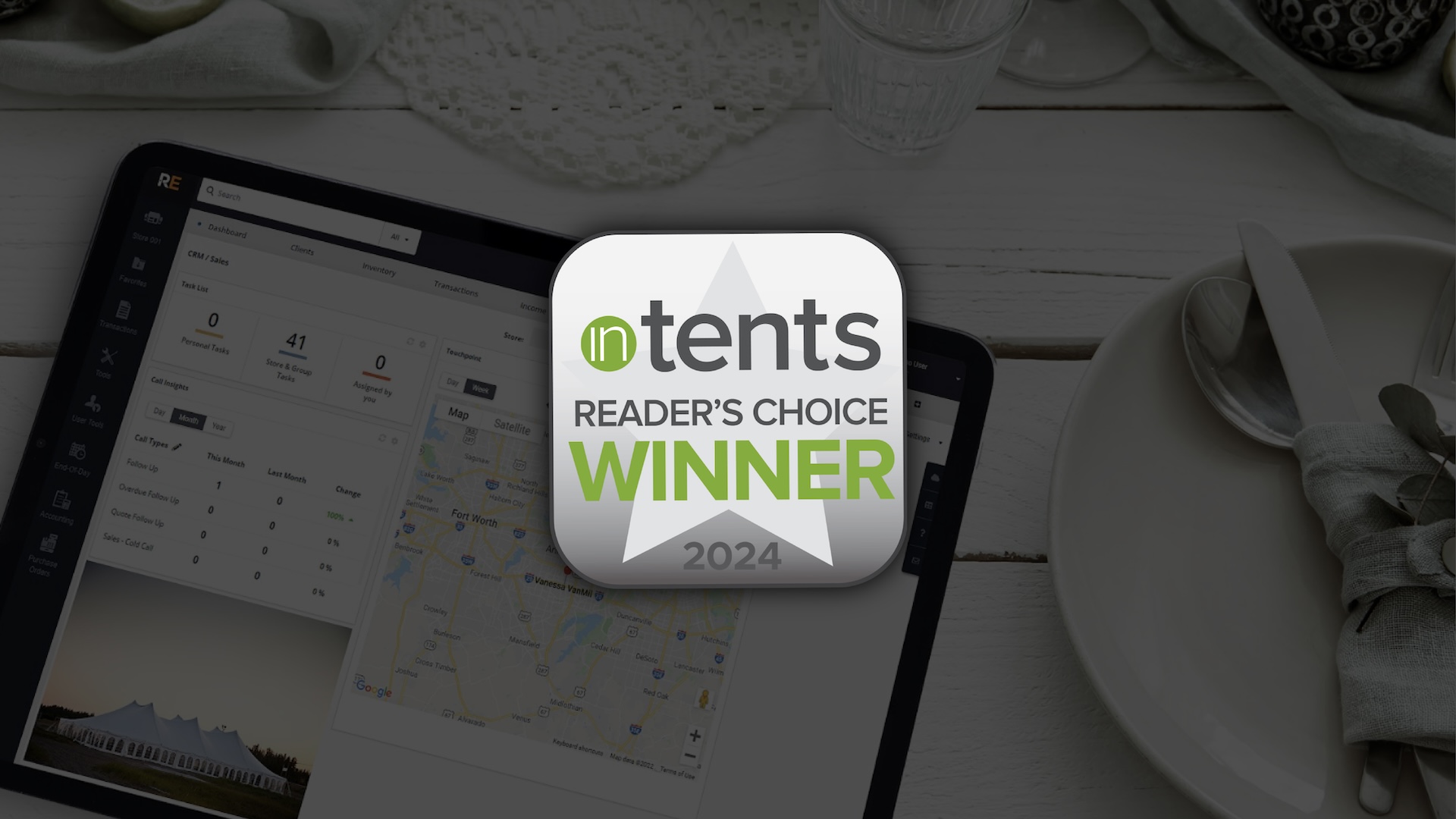 2024 InTents Readers' Choice Award Winner logo on a background of a tablet computer on a fancy place setting.
