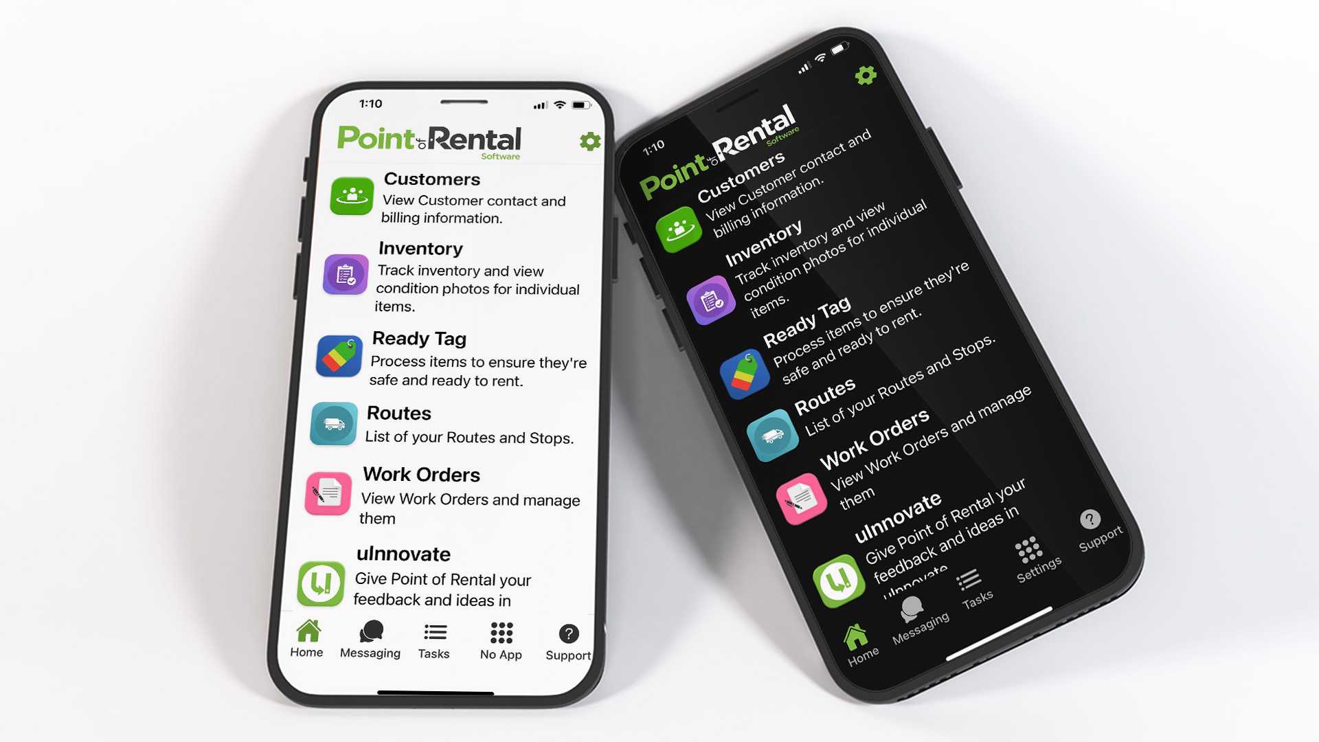 Work Orders now appears in the menu of these Point of Rental One home screens on mobile devices.