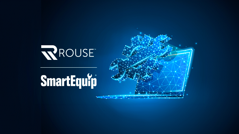 Rouse and Smart Equip logos on a blue background with an artistically tech-y laptop projecting a gear.