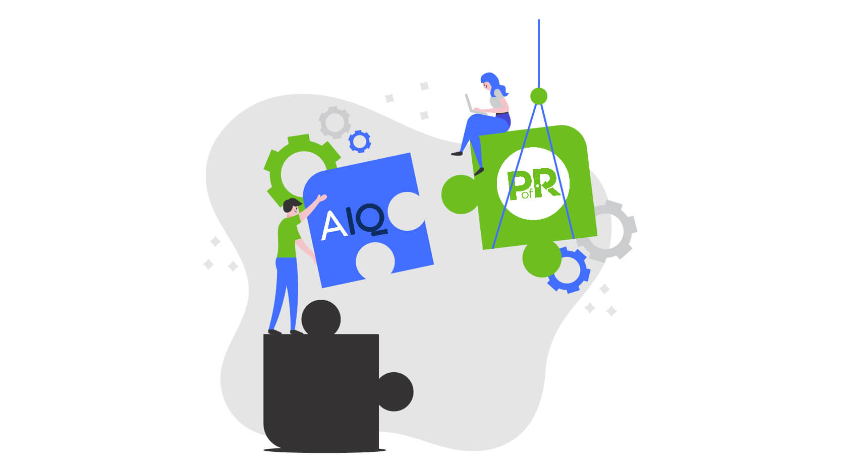 A graphic showing a person on a crane-lifted Point of Rental puzzle piece with a person holding up an AccountsIQ-labeled puzzle piece, hinting at the integration of the rental management software and the accounting software.