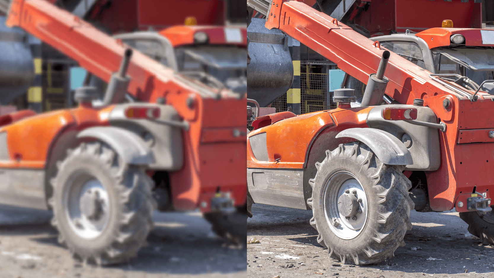 A blurry photo on the left; a clear photo of a telehandler on the right - this shows how AI Blur detection requires clear photos in the inspection process.