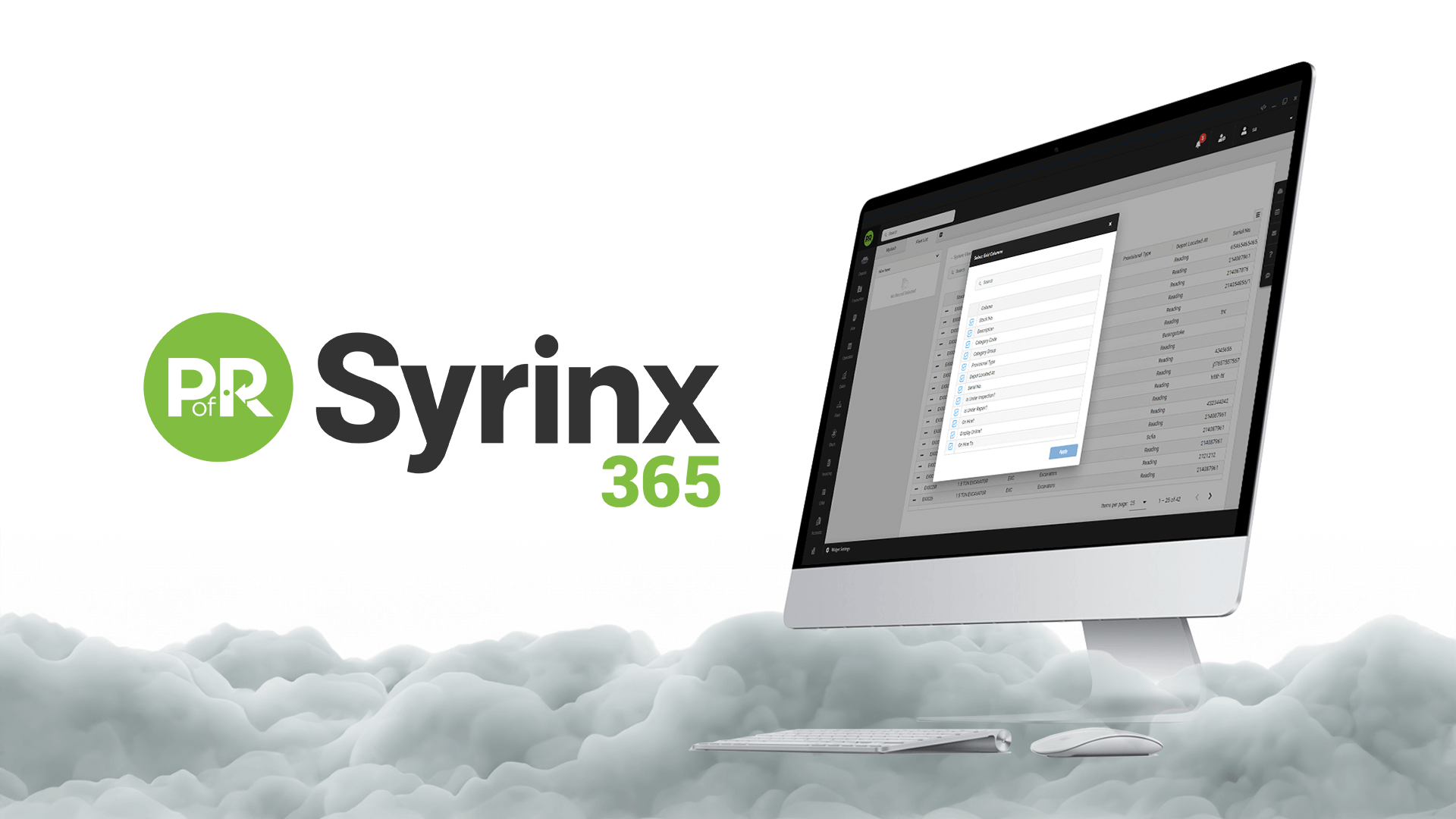 The Syrinx 365 logo and a monitor with the software on a white background with clouds on the bottom.