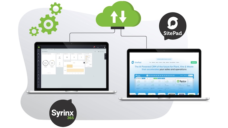 graphic with the Syrinx 365 dashboard and SitePad website on two different laptop screens, with integration in the cloud between the two.